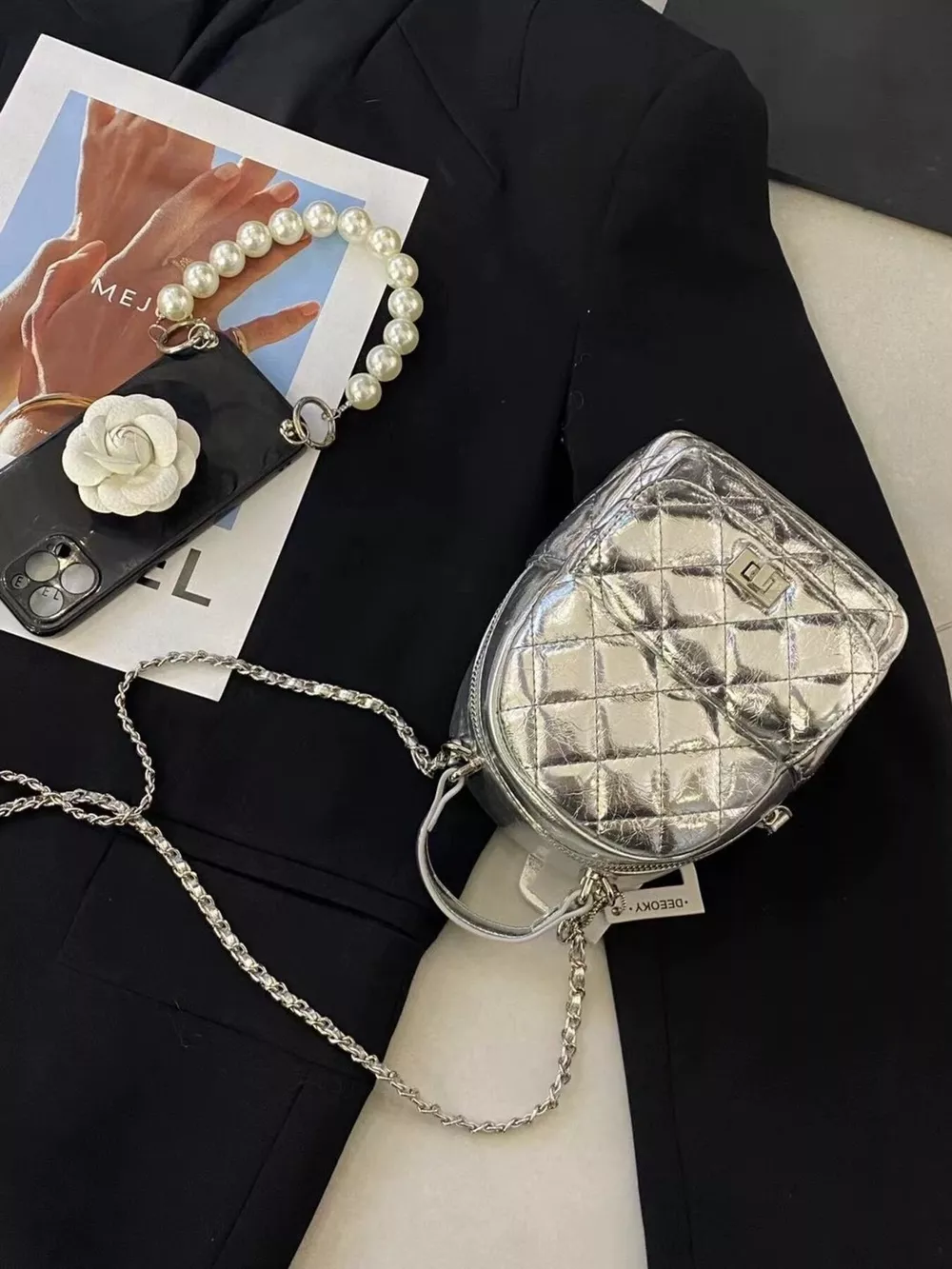 Quilted Metallic and Patent Mini Backpack Bag with Chain Strap, image 7