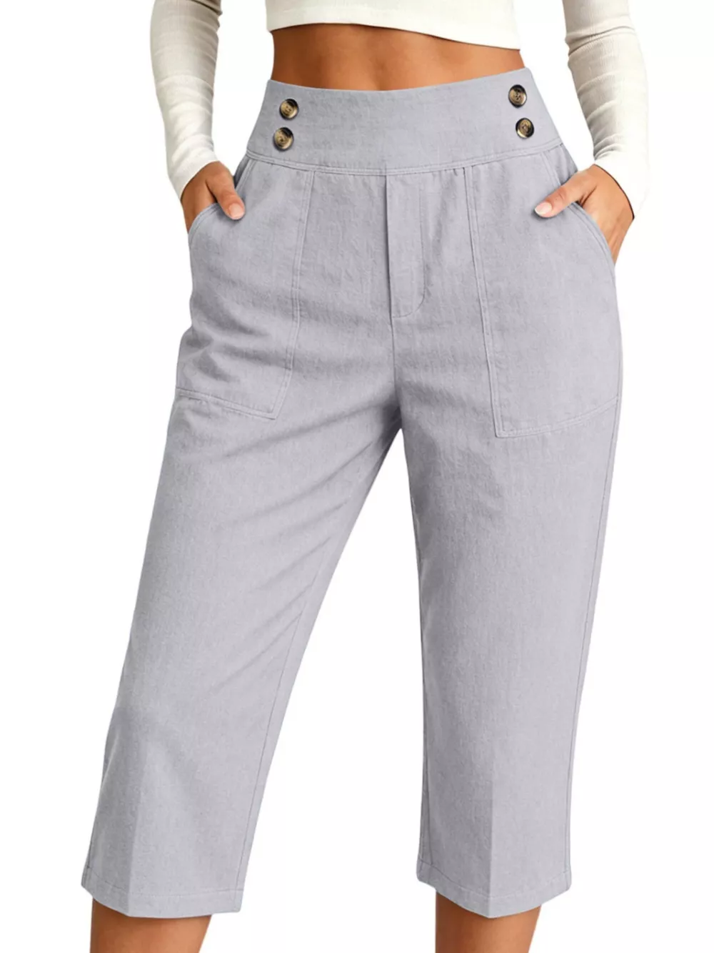 Full Size High-Waisted Button-Detail Cropped Pants Plus Size, image 3