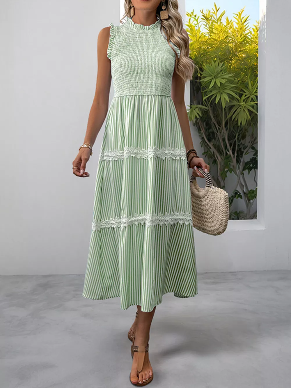Smocked Striped Lace Trim Sleeveless Midi Dress, image 5