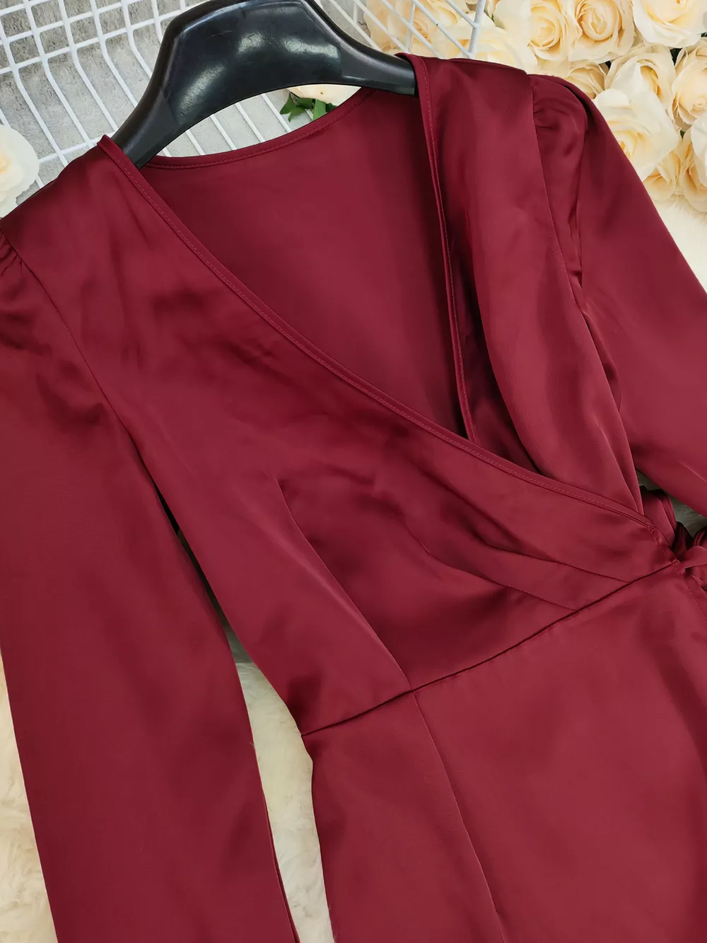 Surplice Satin Long Sleeve Dress, image 7