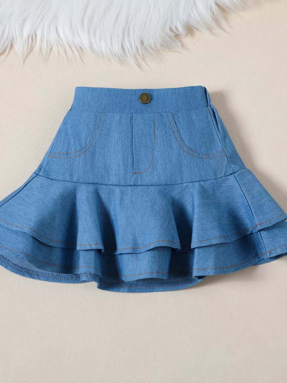 Children's Cami & Star Print Mesh Top & Ruffle Denim Skirt Set, image 8