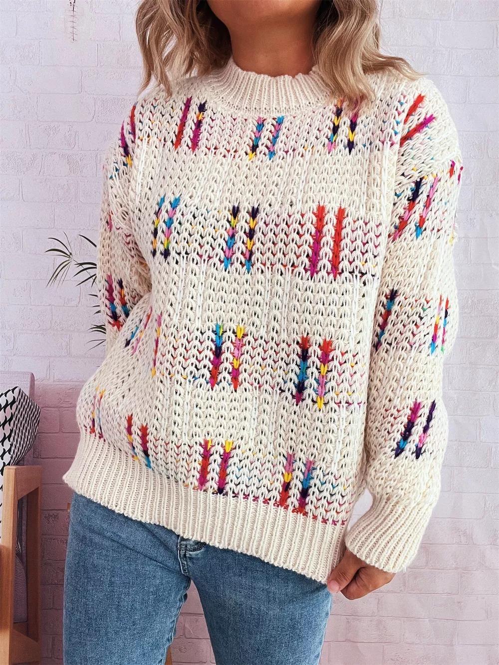 Colorful Round Neck Long Sleeve Sweater, image 2