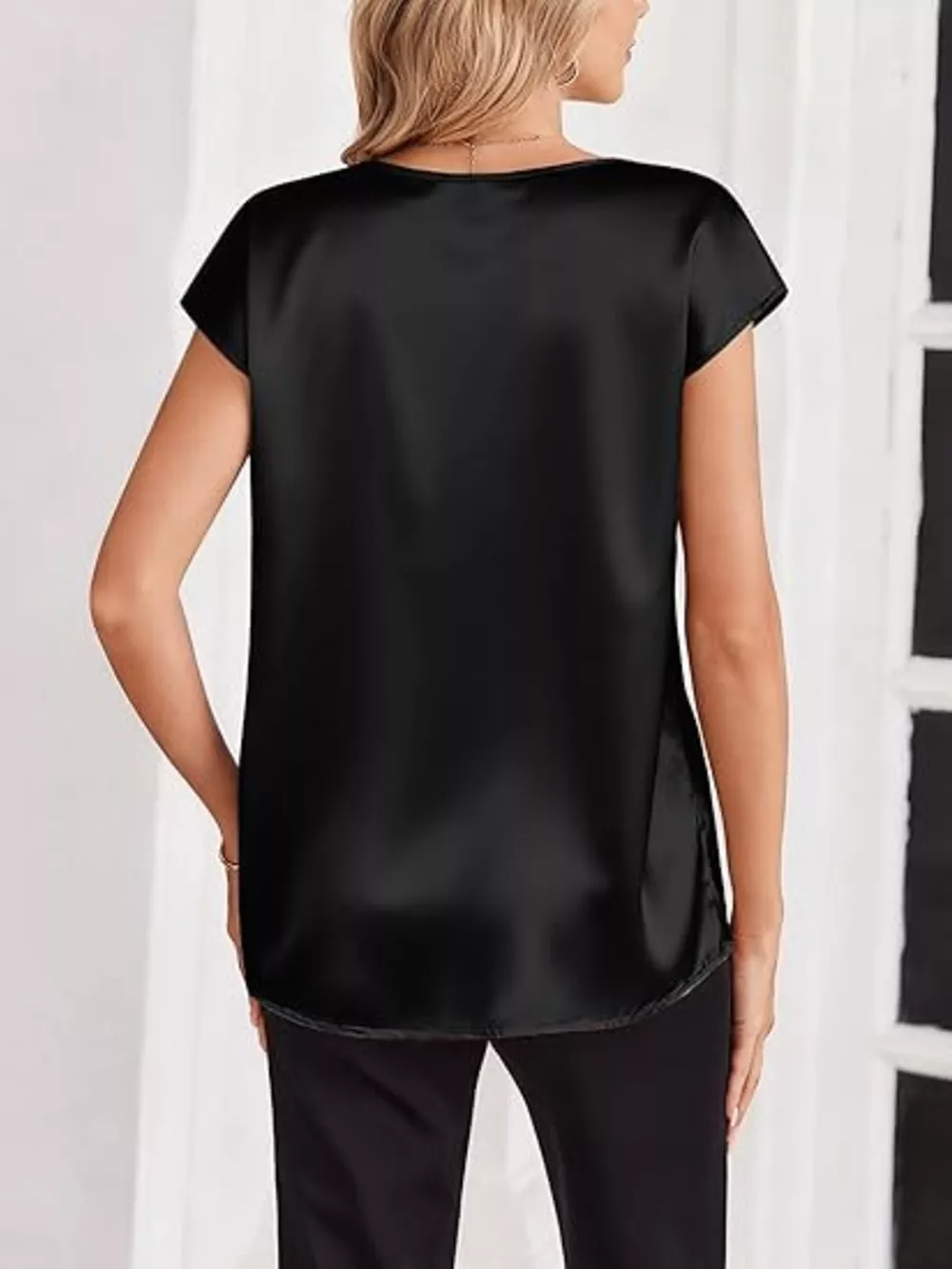 Satin V-Neck Short Sleeve Blouse, image 22