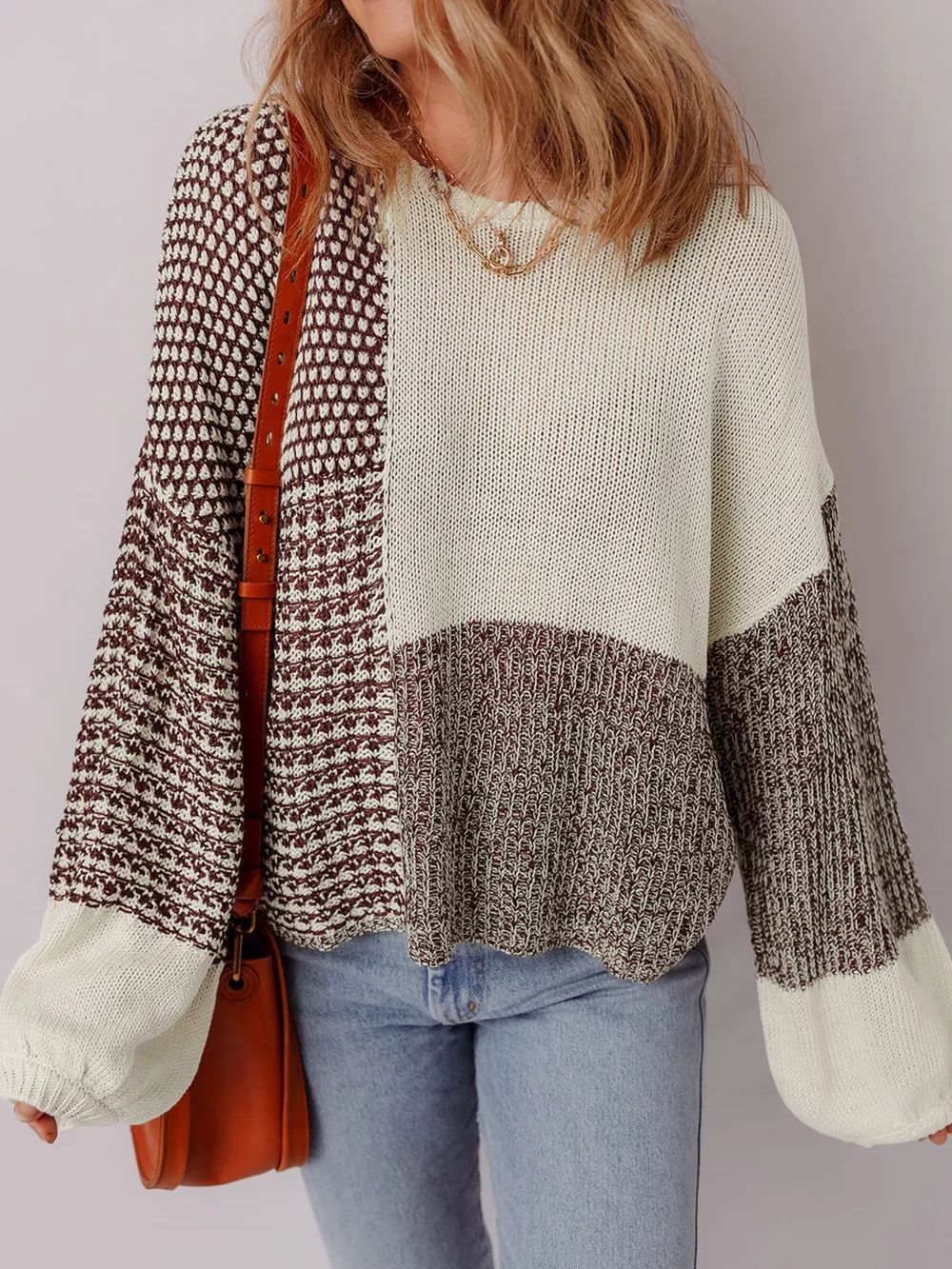 Color Block Back Tie Drop Shoulder Loose Sweater, image 3