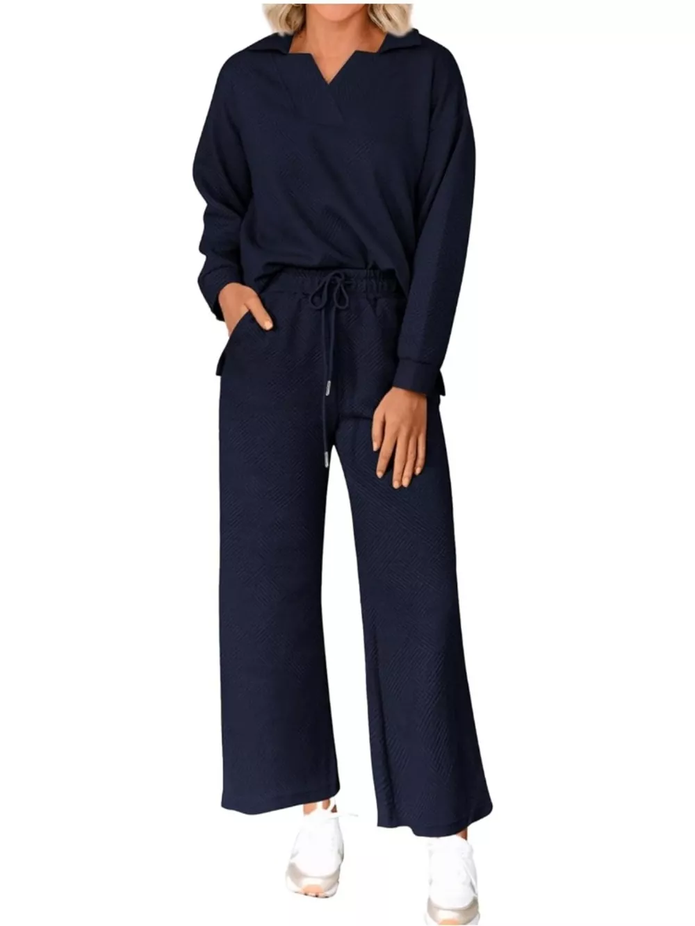 Side Slit Textured Top and Drawstring Pants Set, image 21