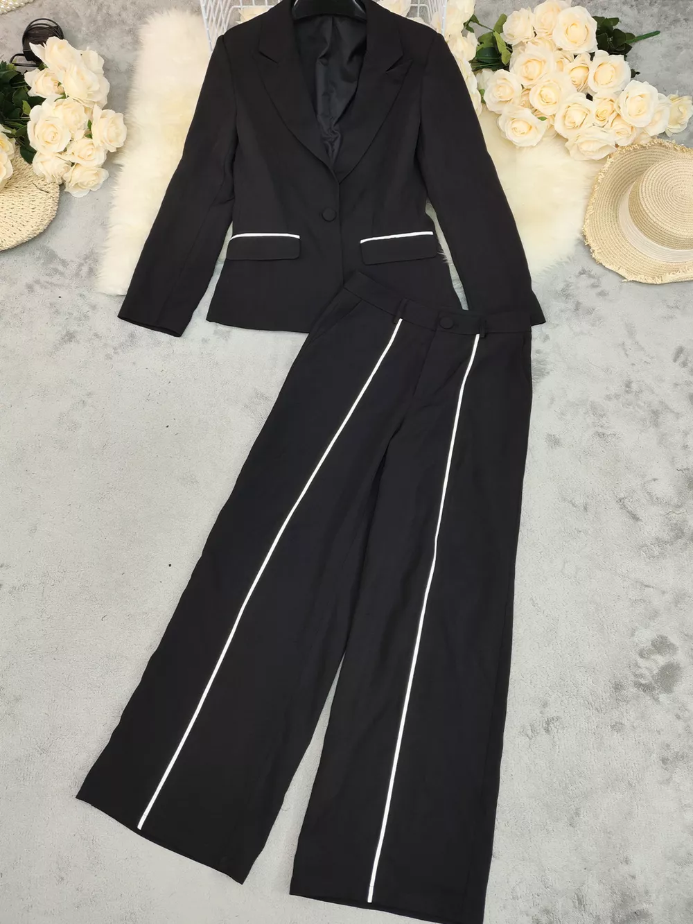 Contrast Trim Blazer & Wide Leg Pants Set, image 3