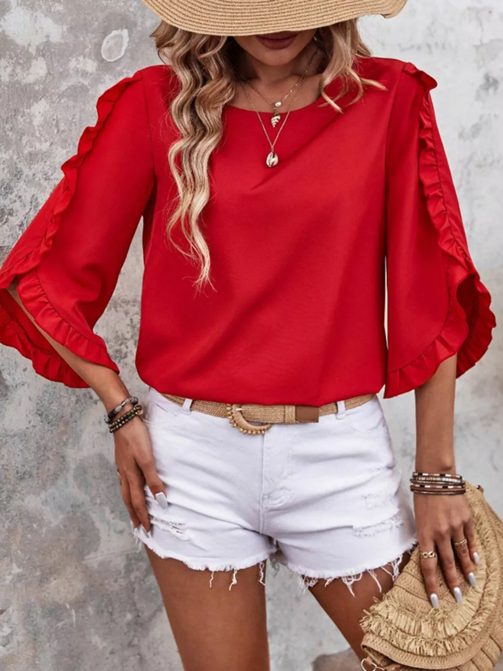 Ruffle Sleeve Solid Color Blouse, image 4