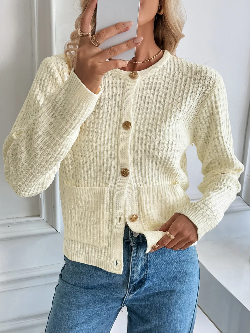 Button-Up Long Sleeve Cardigan with Pockets