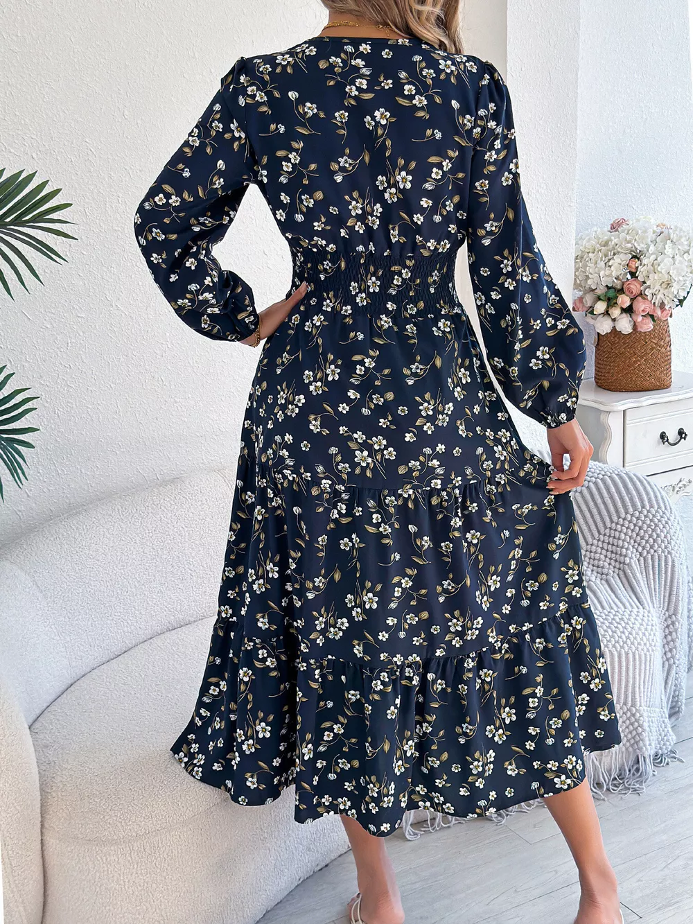 Floral Print Long Sleeve V-Neck Midi Dress, image 6