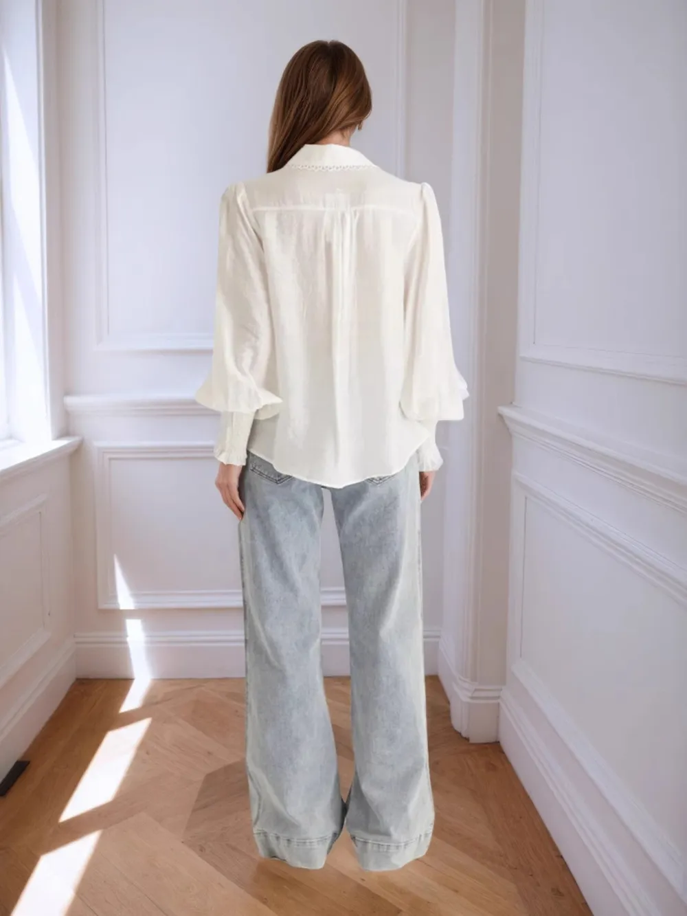 Collared Neck Lantern Sleeve Shirt, image 2