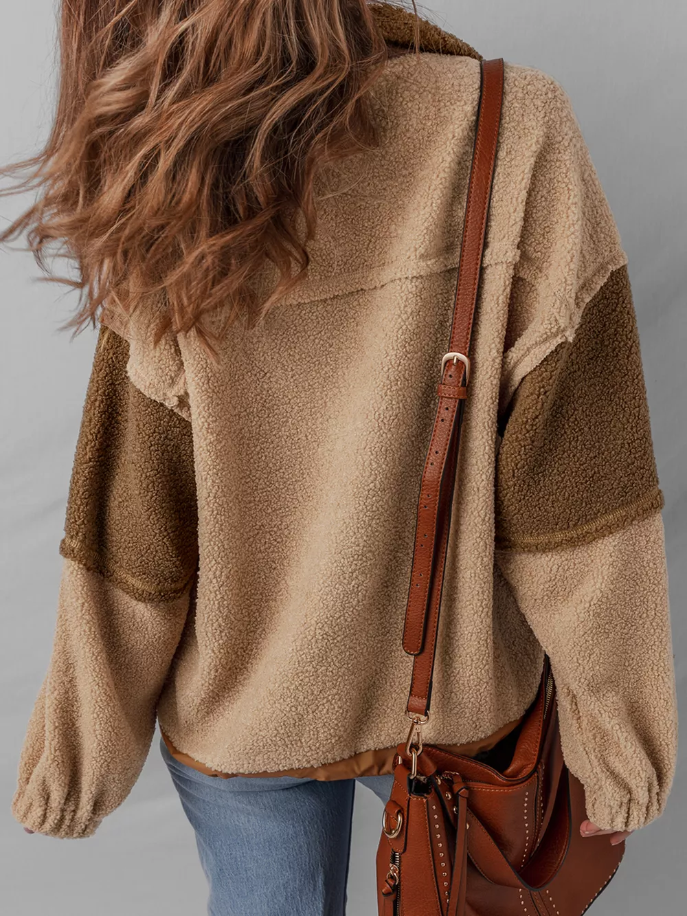 Color Block Patchwork Half Button Sherpa Sweatshirt, image 3