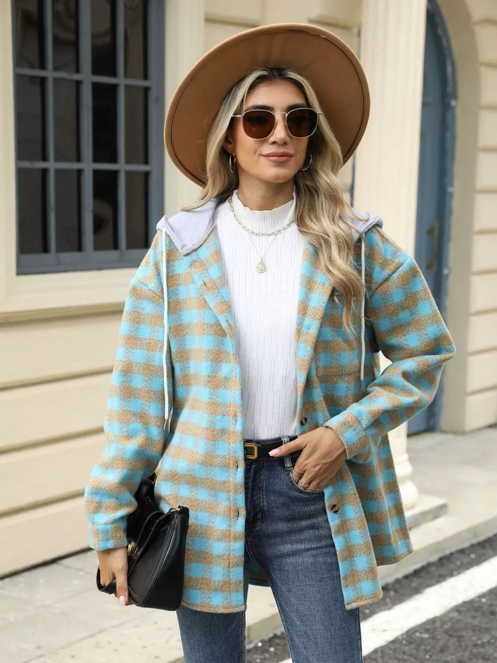 Plaid Button Up Long Sleeve Drawstring Hooded Jacket, image 11