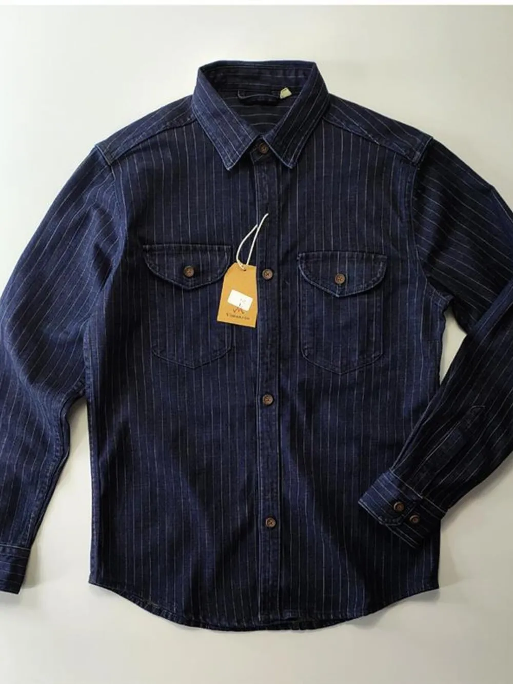 Men's Plus Size Striped Button Up Denim Shirt