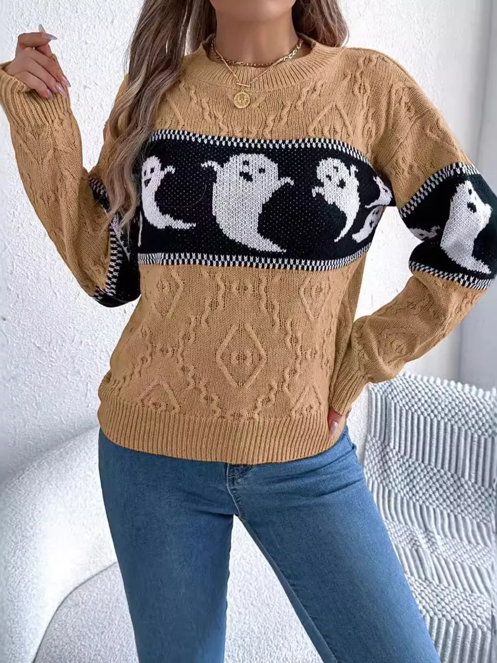 Halloween Ghost Pattern Textured Sweater, image 14