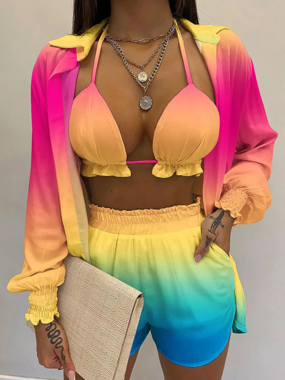 Full Size Halter Neck Cami & Shirt & Shorts 3-Piece Outfit Set Plus Size, image 7