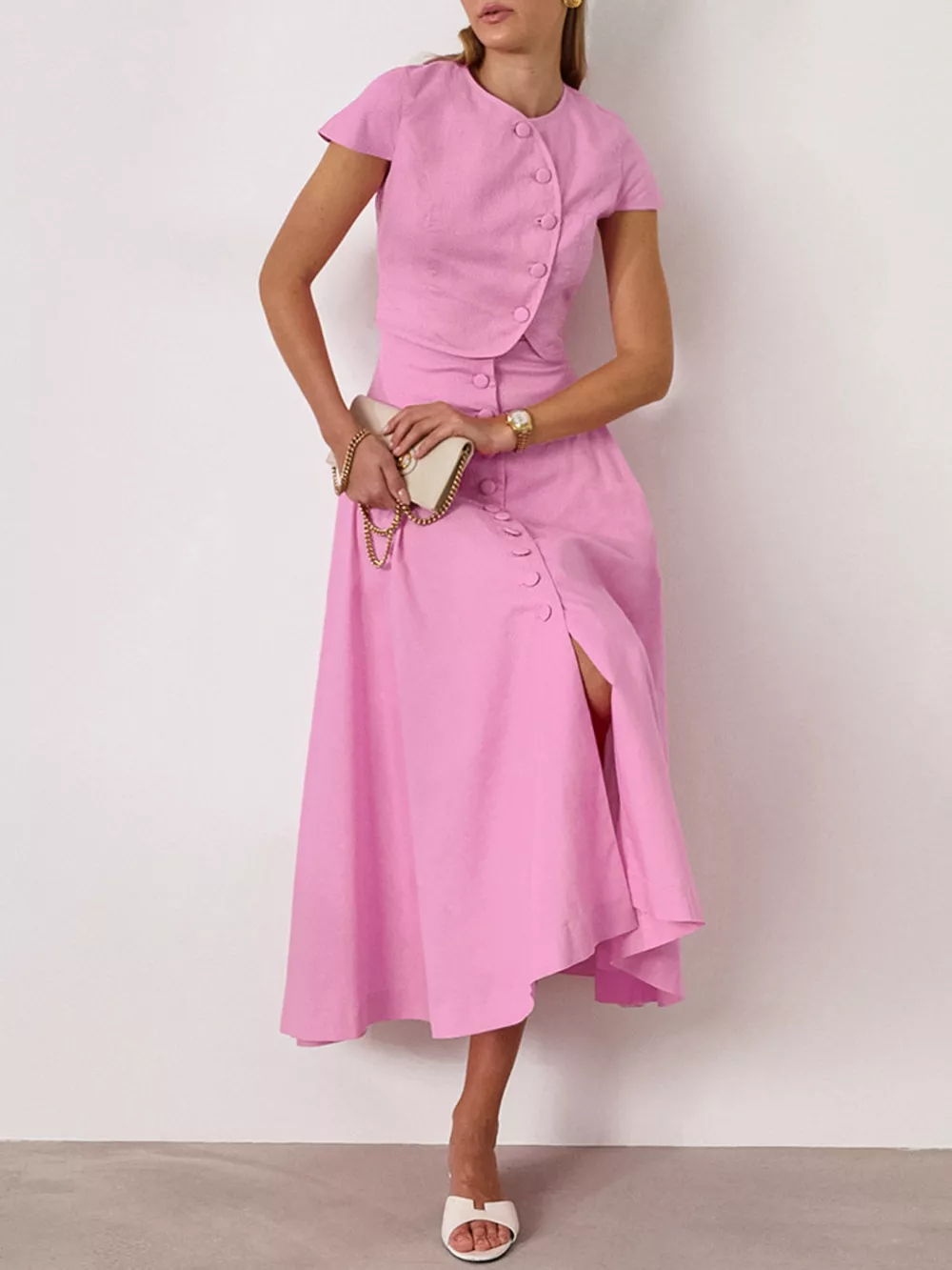 Cap Sleeve Button-Down Crop Top and Midi Skirt Set
