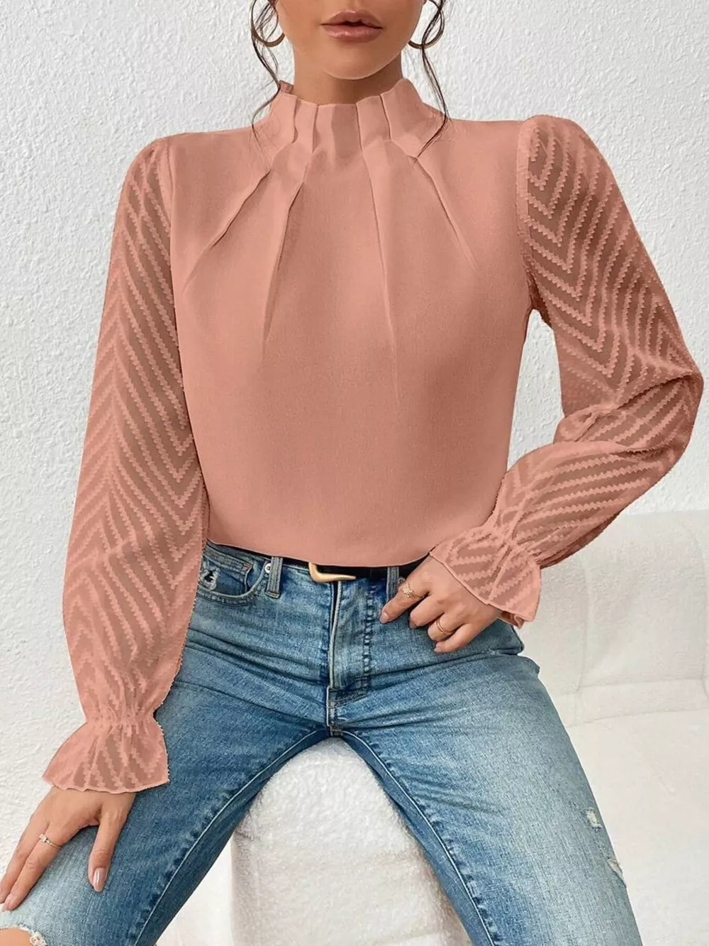 Mock Neck Sheer Lace Sleeve Blouse, image 11