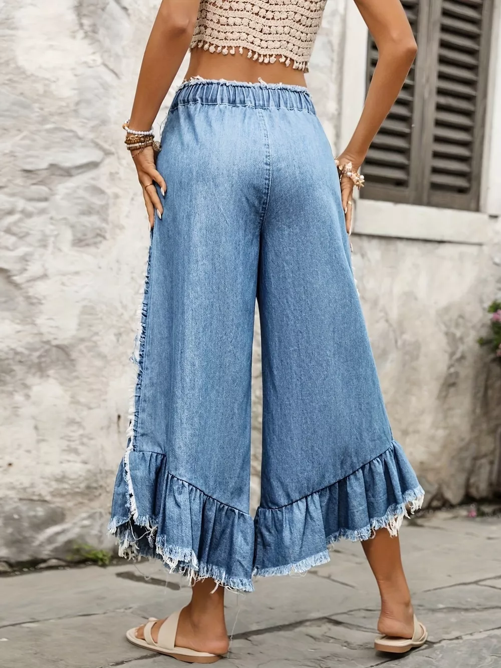 Drawstring Wide-Leg Ruffle Hem Jeans, image 4