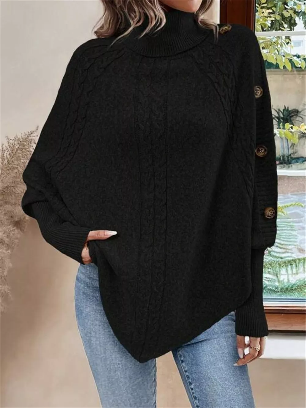 Cable Knit Turtleneck Cape Sweater, image 7