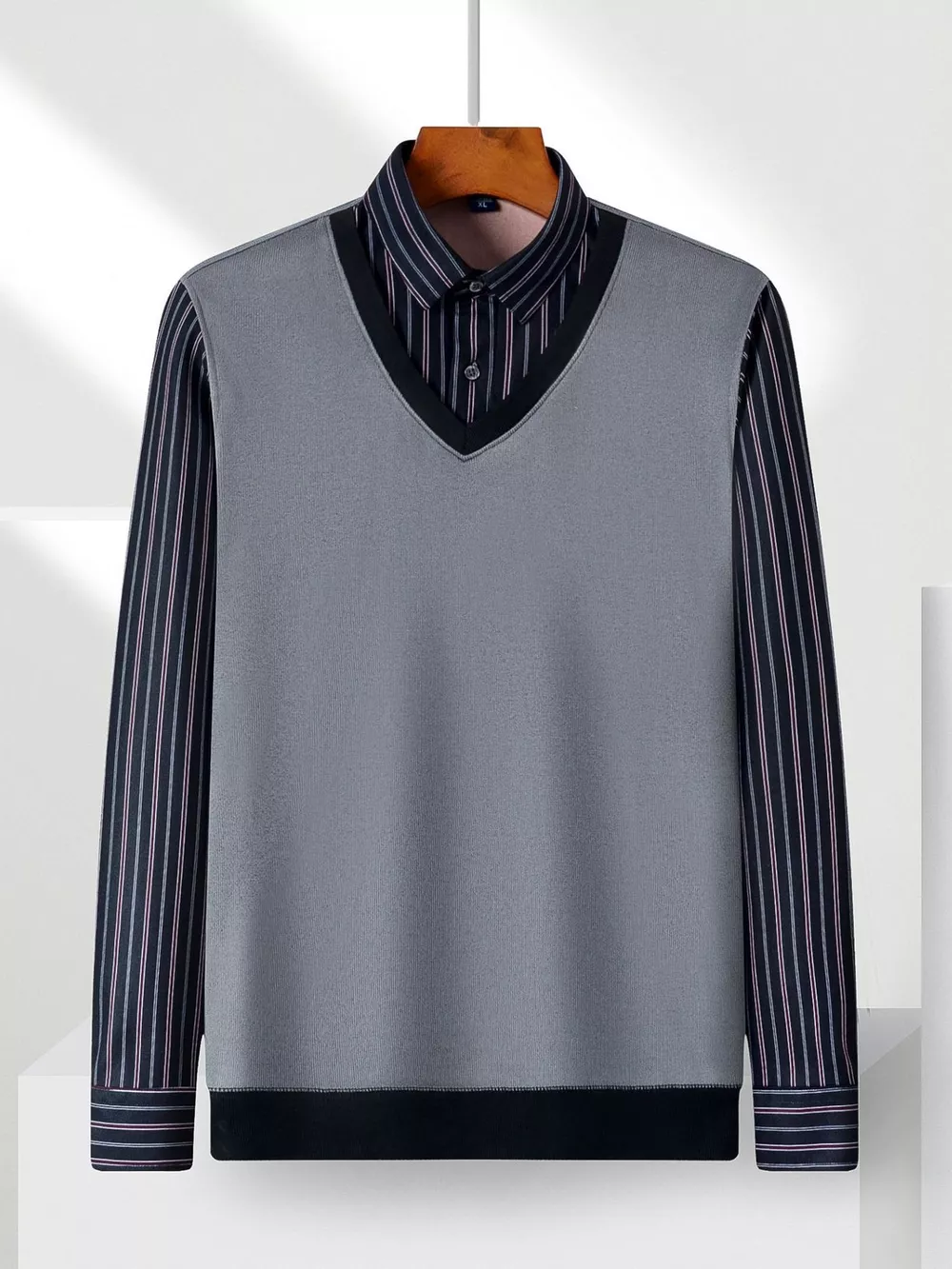 Men's Plus Size Striped Long Sleeve Fake Two-Piece Knit Top, image 4
