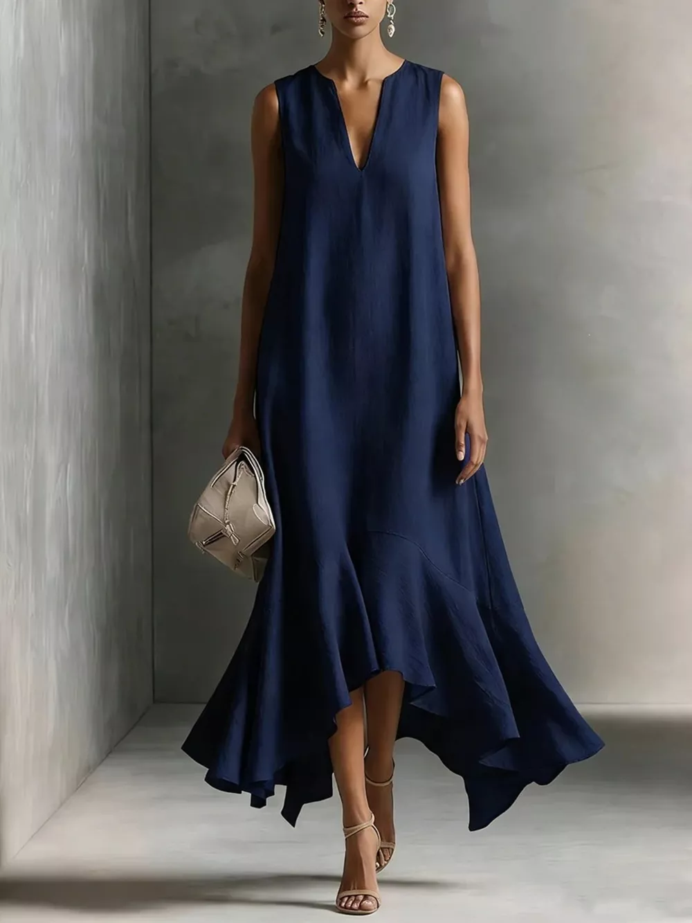Ruffled Hem Sleeveless Notched Dress