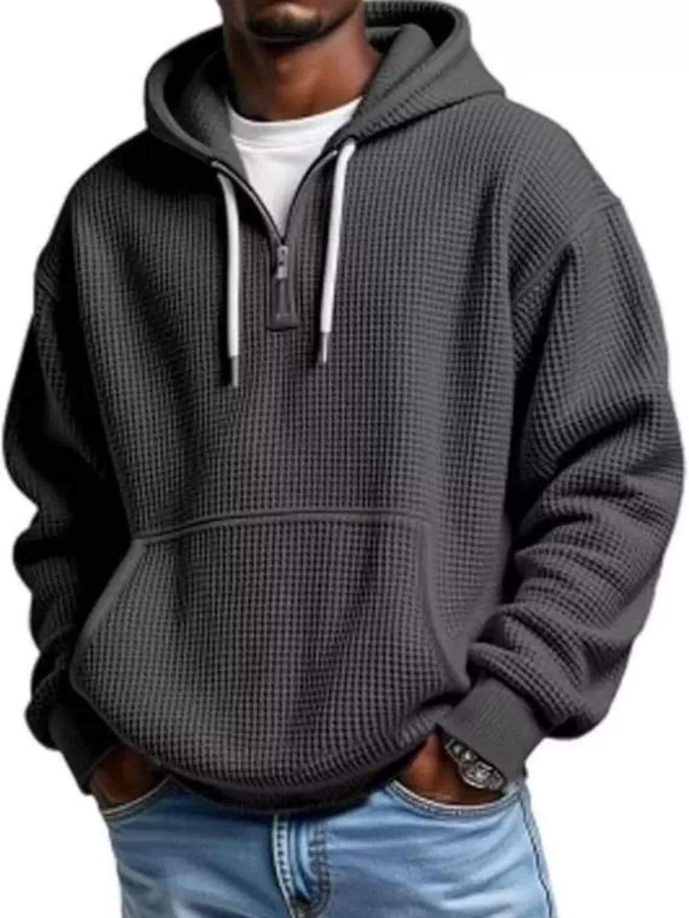 Men's Full Size Textured Waffle Knit Half-Zip Hoodie Plus Size, image 9