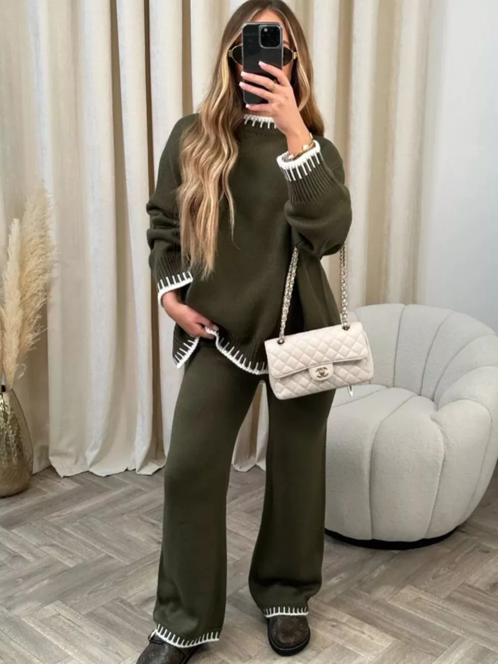 Contrast Trim Round Neck Top and Pants Sweater Set, image 2