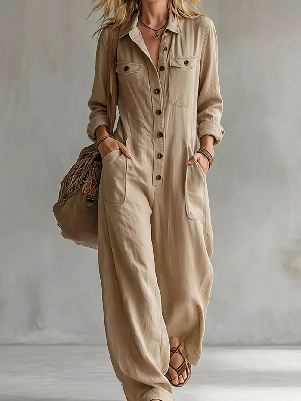 Full Size Long Sleeve Button Front Jumpsuit Plus Size, image 19