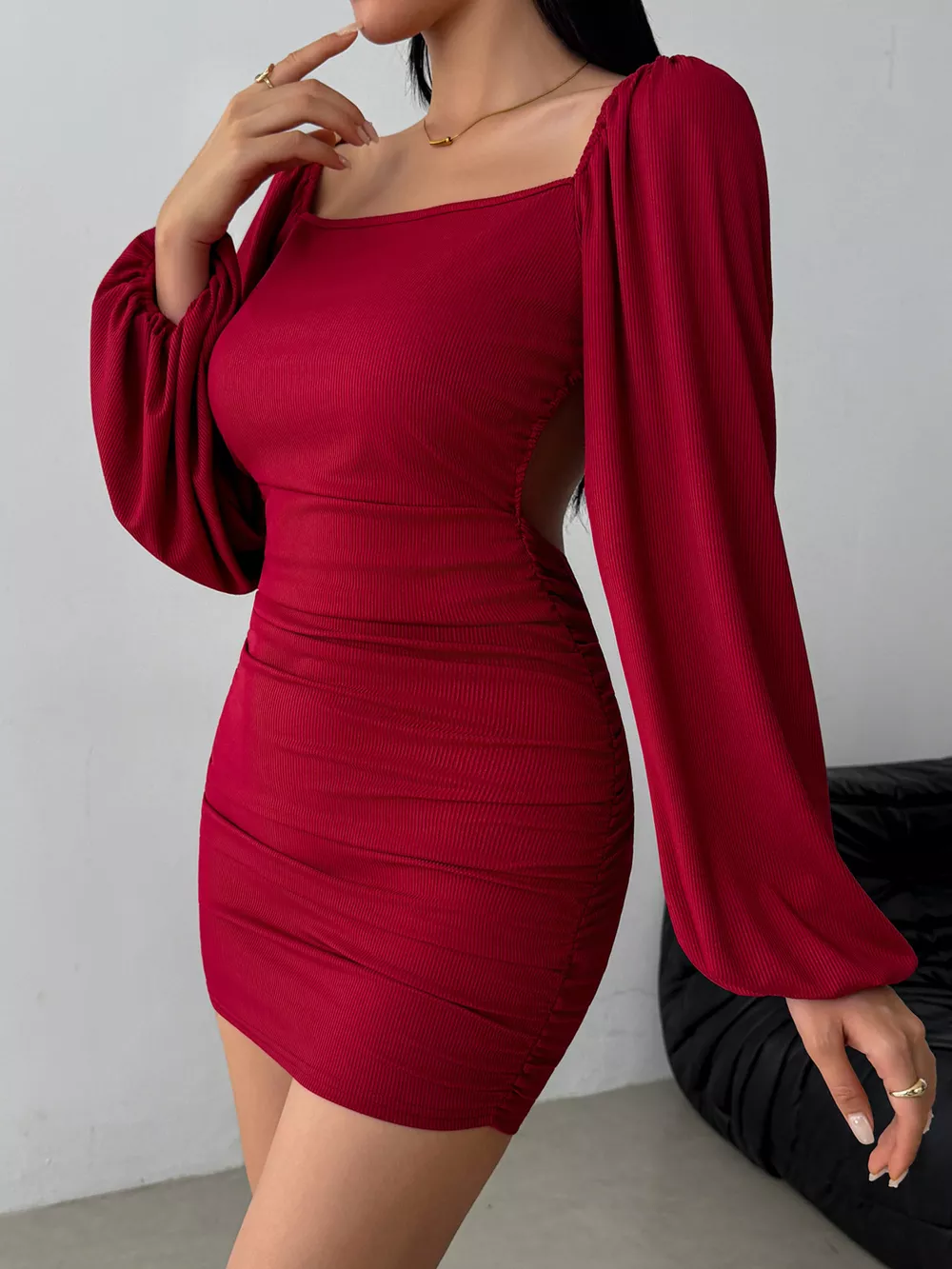 Backless Square Neck Long Sleeve Dress, image 4