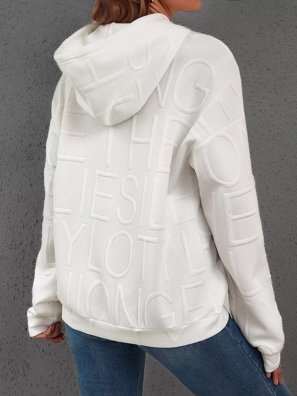 Full Size Textured Embossed Long Sleeve Hoodie Plus Size, image 6