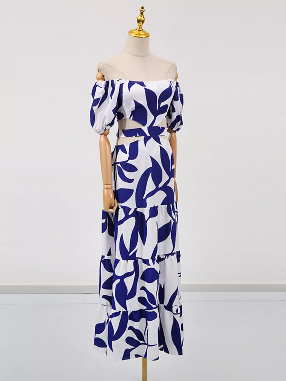 Off-Shoulder Cutout Leaf Print Maxi Dress, image 8