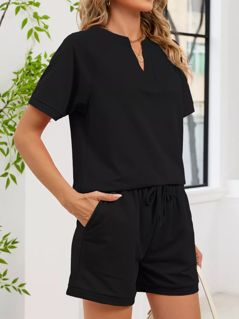 Notched Short Sleeve Top and Shorts Set, image 22