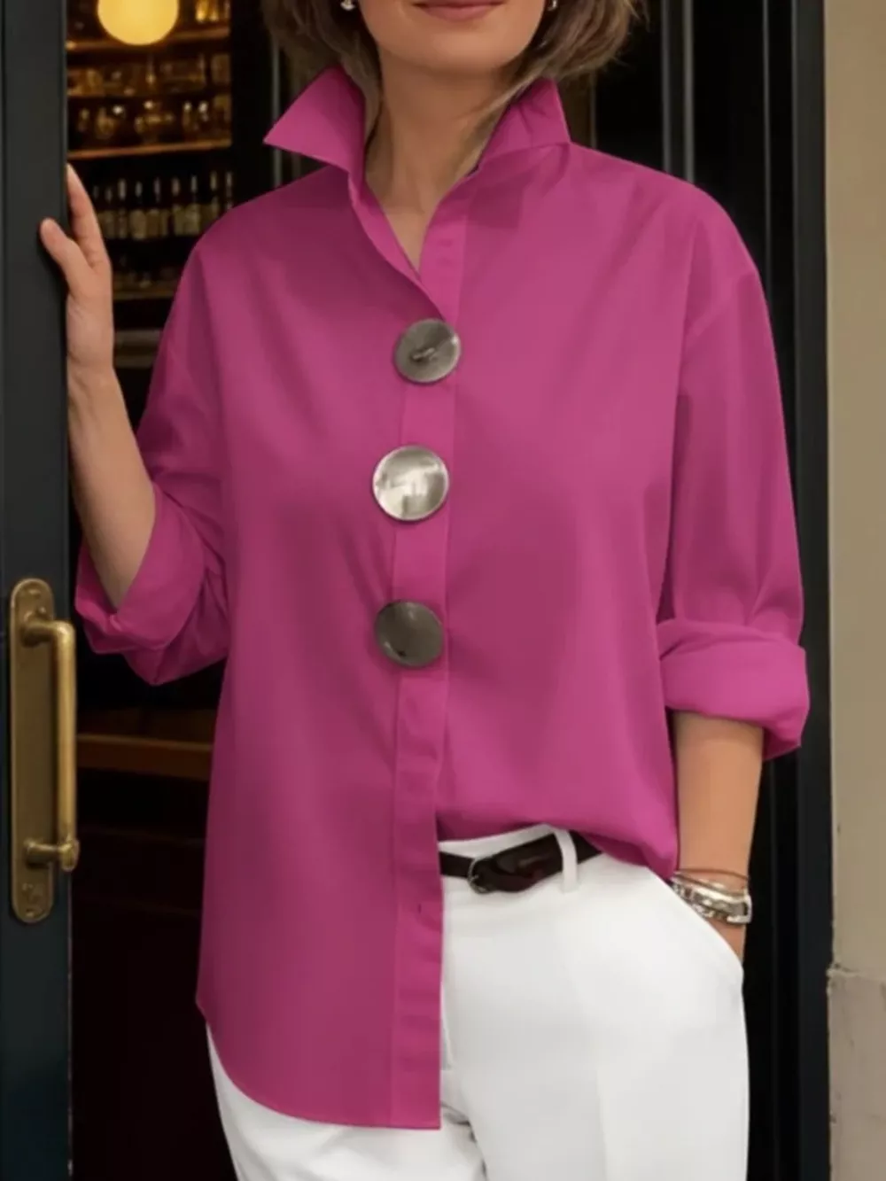 Full Size Oversized Metal Button Long Sleeve Shirt Plus Size, image 8