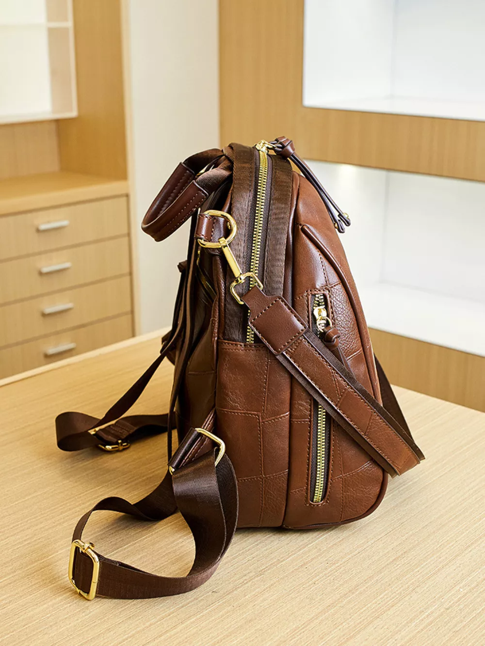Patchwork Leather Convertible Backpack Bag, image 6