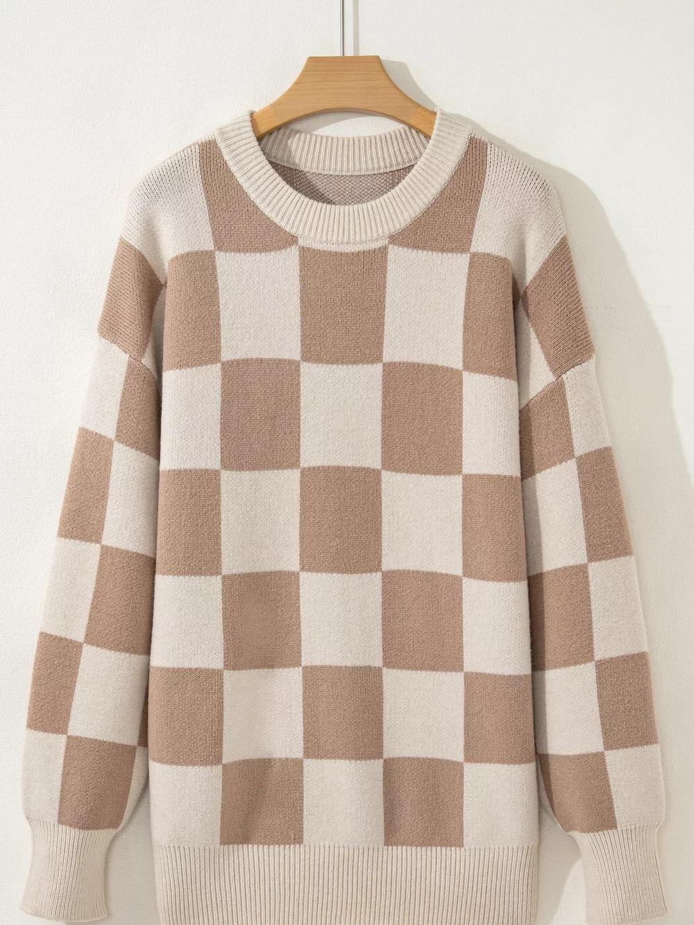 Checkered Pattern Ribbed Trim Knit Baggy Sweater, image 6