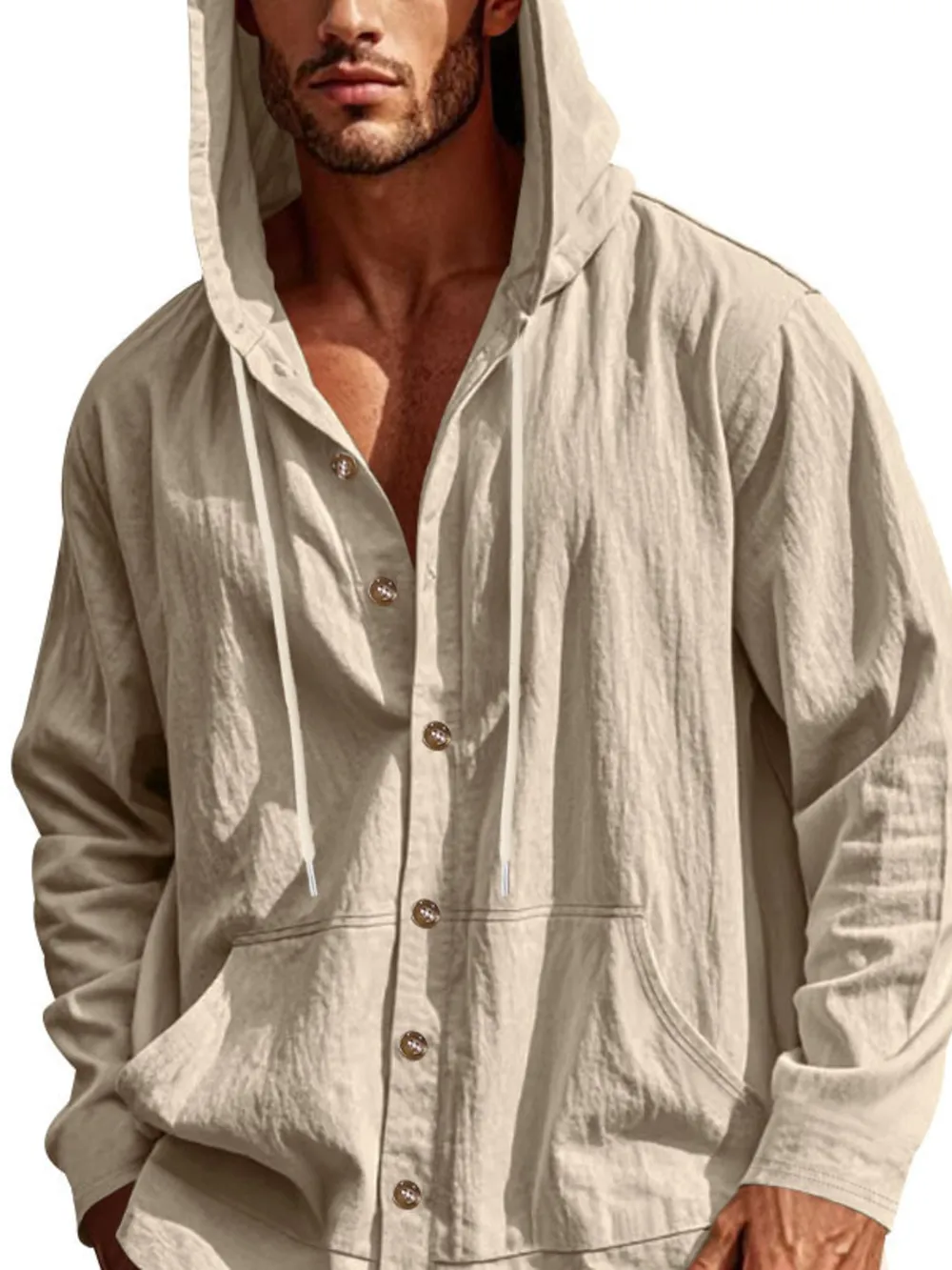 Men's Full Size Drawstring Button Up Hooded Top Plus Size