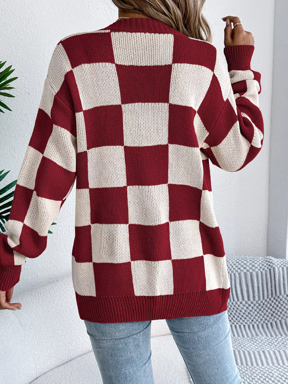 Checkerboard Pattern Open Front Knit Cardigan, image 15