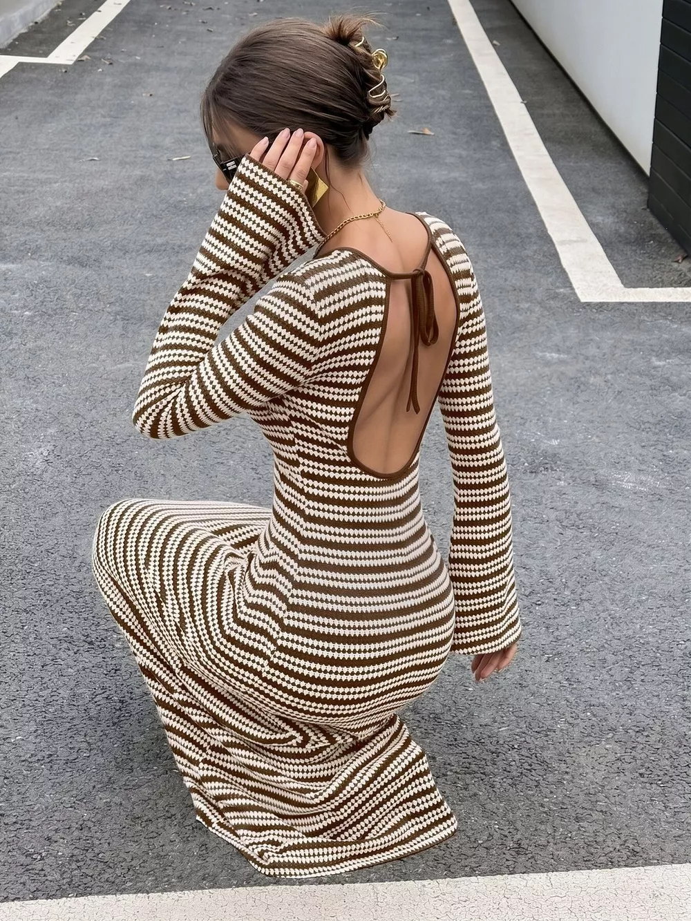 Striped Flare Sleeve Ribbed Knit Dress, image 5