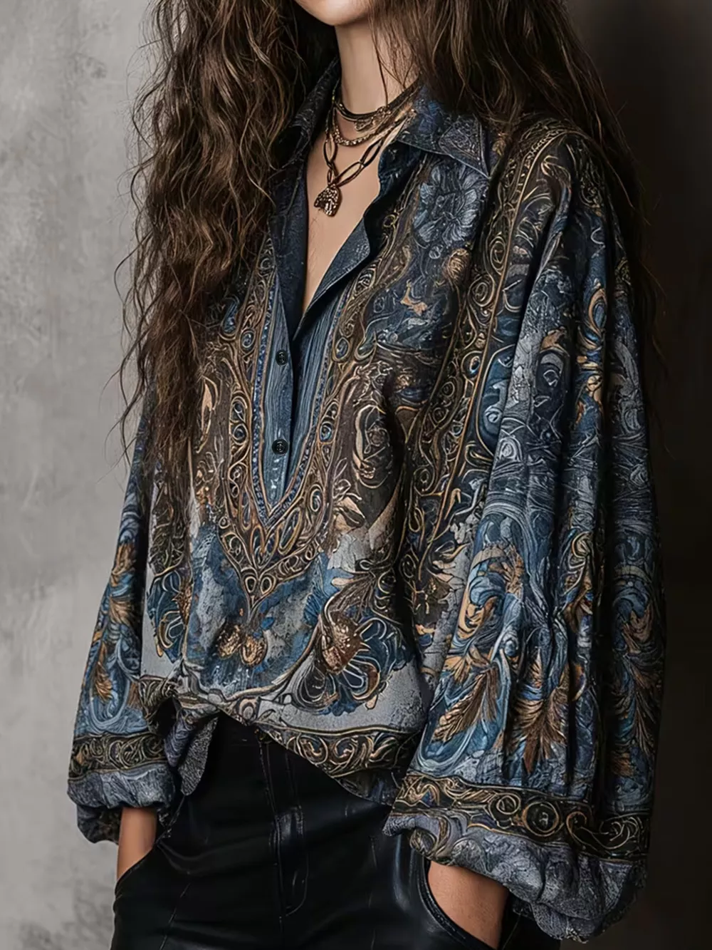 Full Size Vintage Print Long Sleeve Oversized Blouse Plus Size, image 2