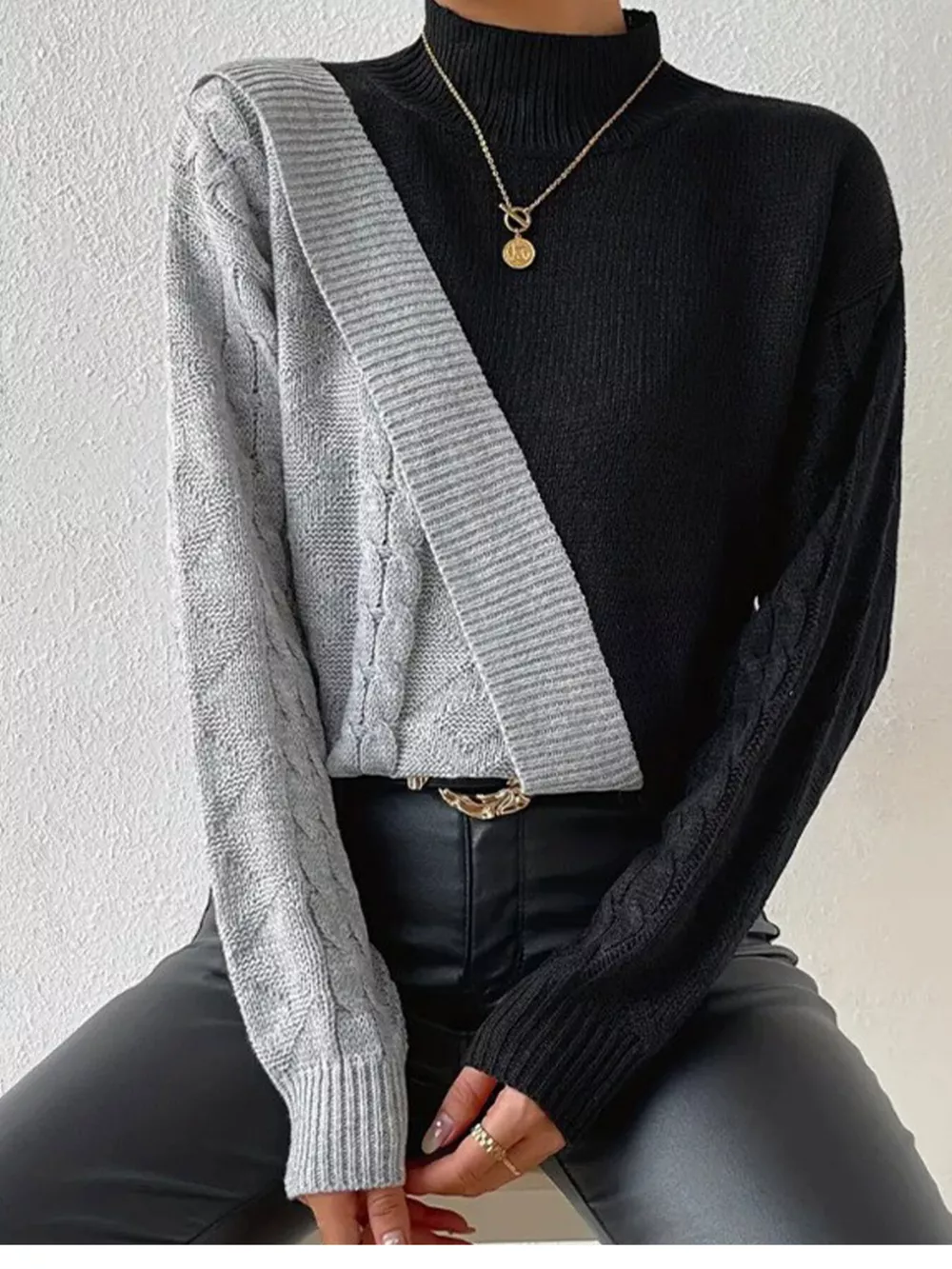 Color Block Cable Knit Mock Neck Sweater, image 3