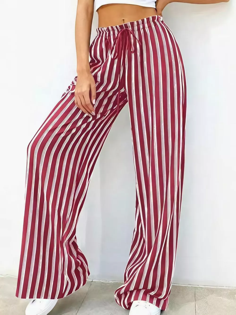 Striped Wide-Leg Drawstring Pants, image 5