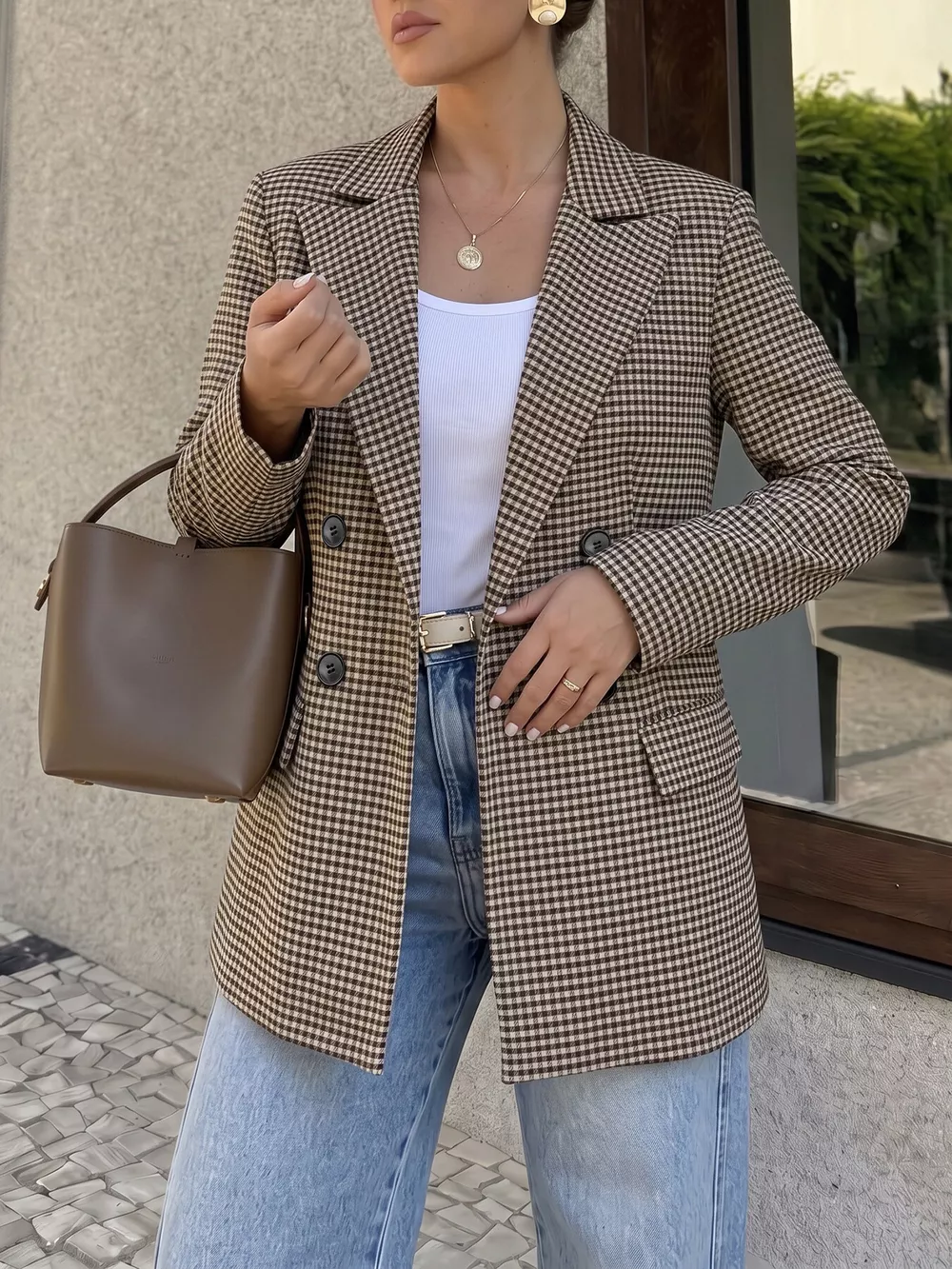 Plaid Lapel Collar Double-Breasted Blazer