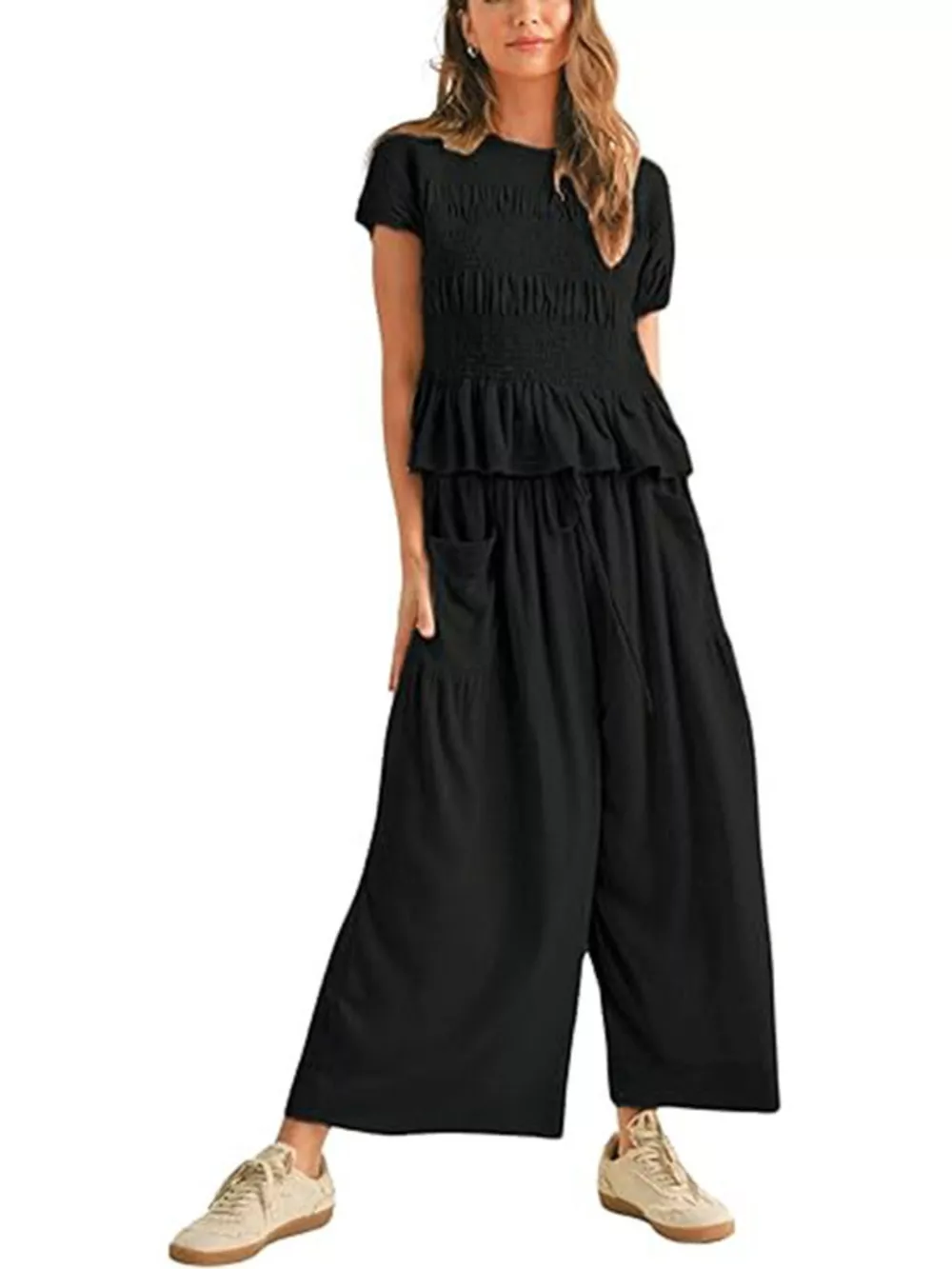 Smocked Peplum Top and Wide-Leg Pants Set, image 10