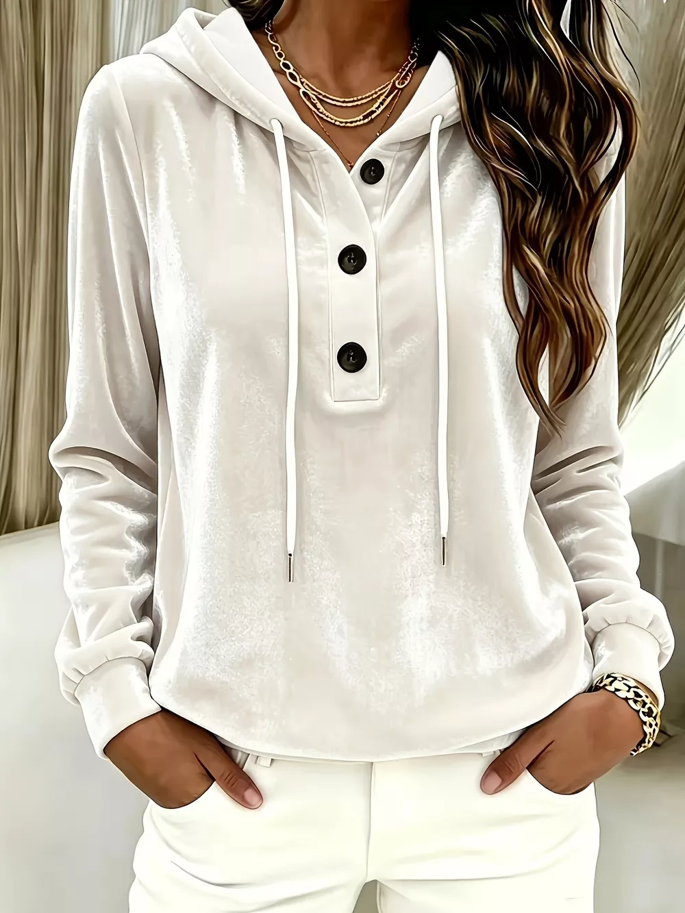Full Size Drawstring Button Detail Hoodie Plus Size, image 4