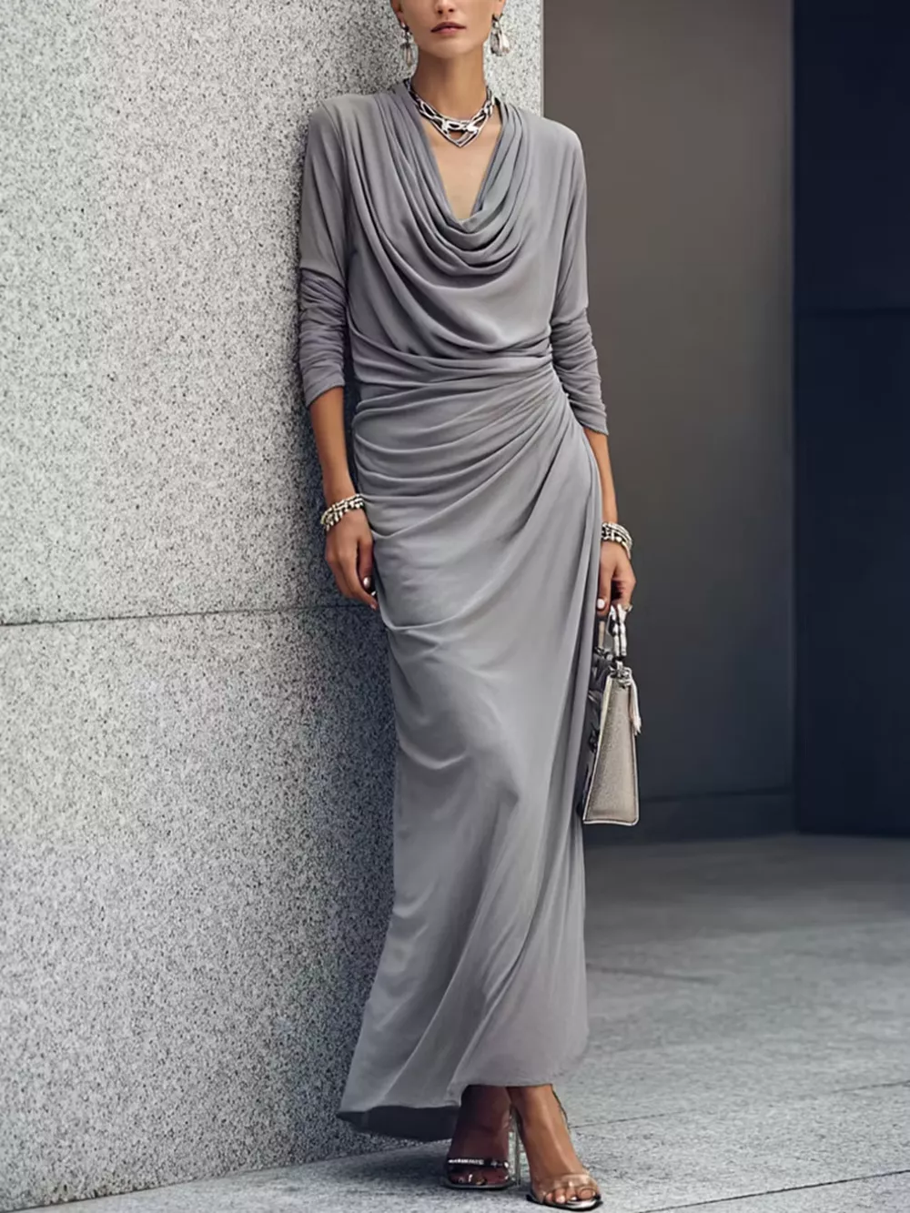 Cowl Neck Long Sleeve Maxi Dress