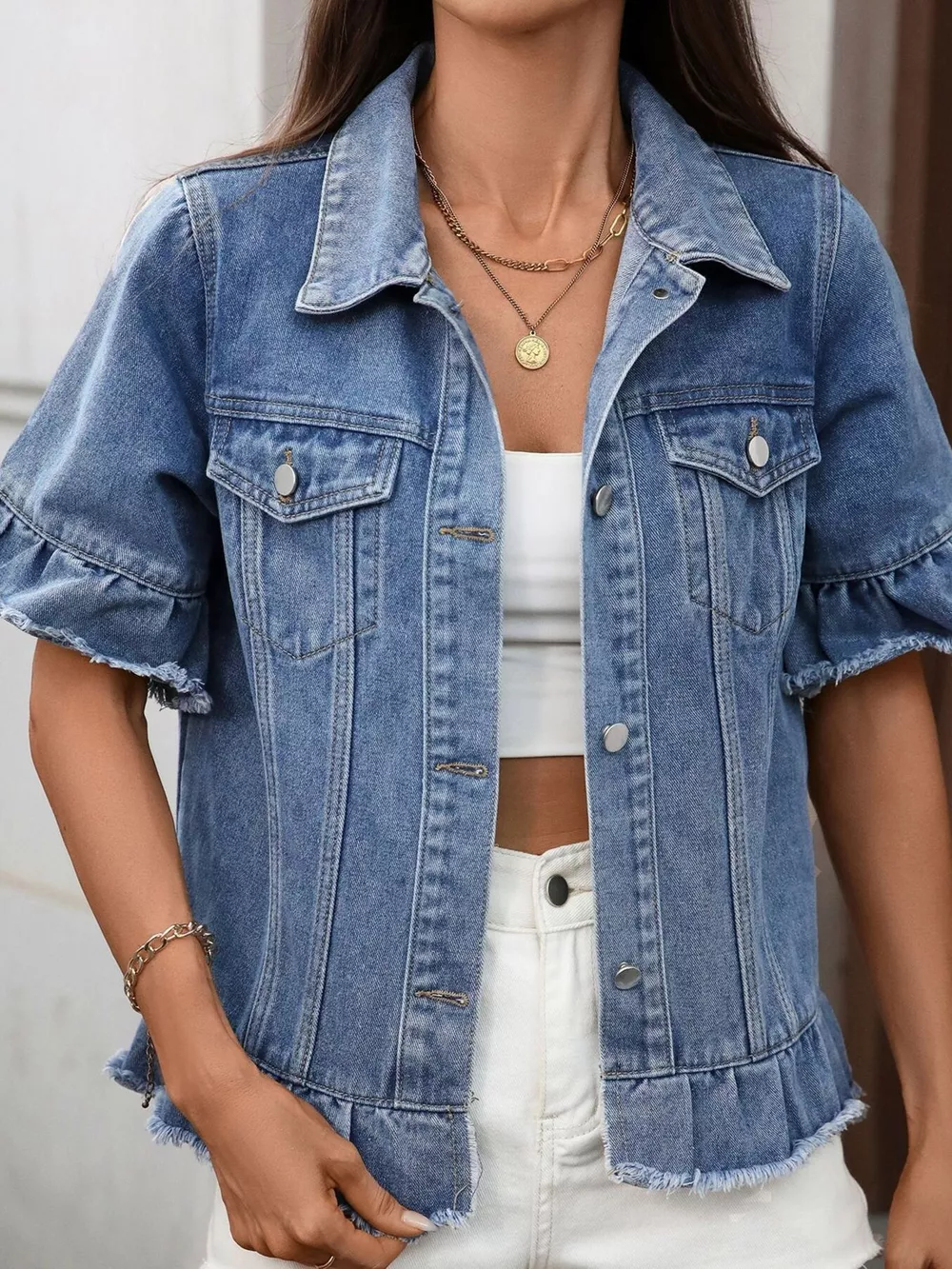 Raw Hem Button Up Denim Jacket, image 7