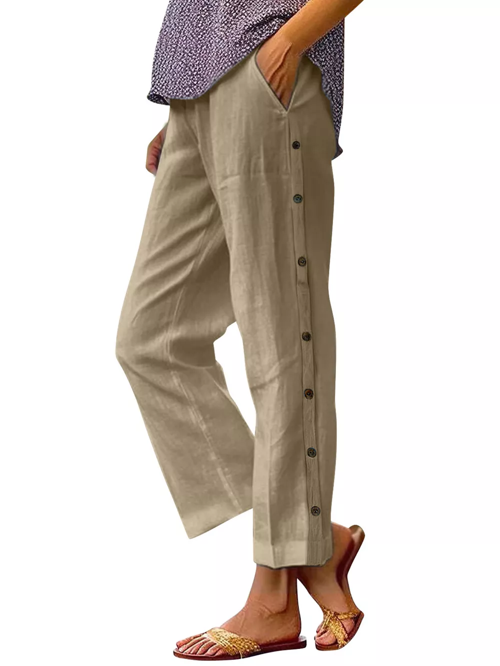 Full Size Side Button Decor Pants Plus Size, image 8