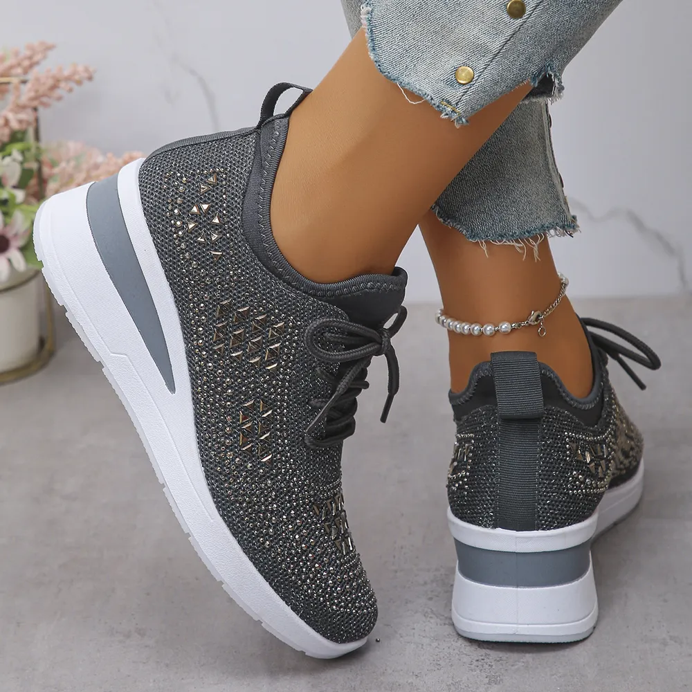 Breathable Mesh Rhinestone Wedge Athletic Sneakers, image 4