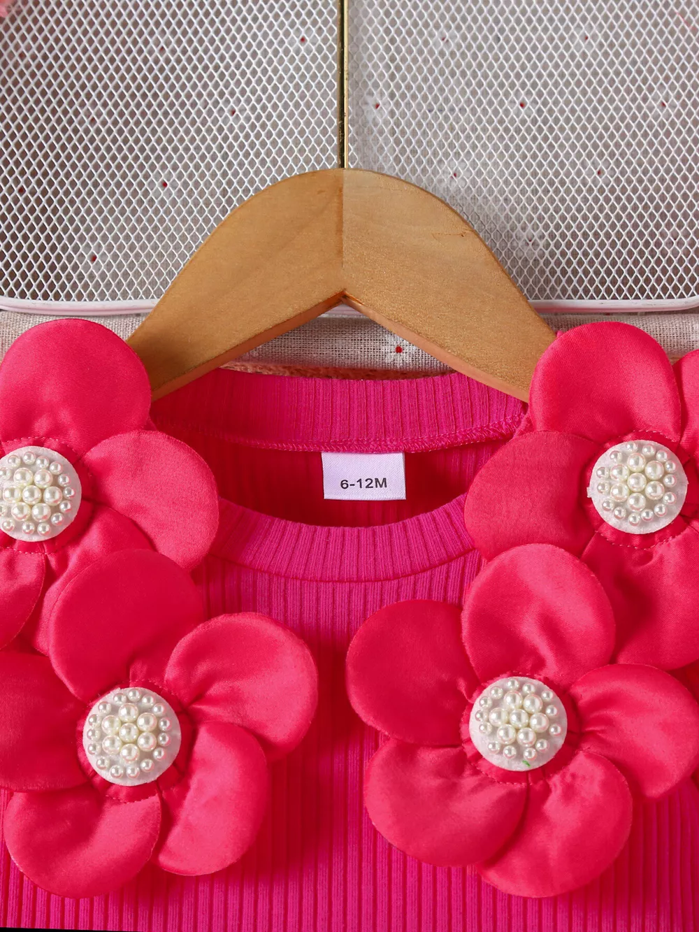 Children's Floral Applique Ribbed Top & Button Decor Skirt Set, image 4