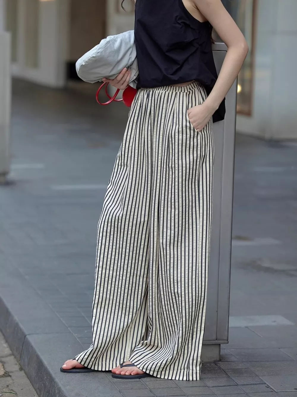 Full Size Striped Drawstring Waist Wide Leg Pants Plus Size, image 7